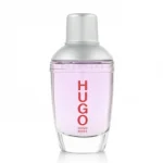 Clear glass bottle of Hugo Boss Energise EDT Spray for Men, 75ml, with light purple liquid, silver cap, and red "HUGO" branding on the front, set against a white background.