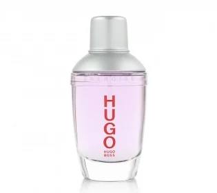 Clear glass bottle of Hugo Boss Energise EDT Spray for Men, 75ml, with light purple liquid, silver cap, and red "HUGO" branding on the front, set against a white background. Clear glass bottle of Hugo Boss Energise EDT Spray for Men, 75ml, with light purple liquid, silver cap, and red "HUGO" branding on the front, set against a white background.