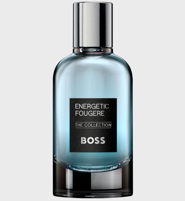 A 100ml bottle of Hugo Boss BOSS The Collection Energetic Fougère EDP Spray with a metallic cap and black label is displayed against a plain light gray background. A 100ml bottle of Hugo Boss BOSS The Collection Energetic Fougère EDP Spray with a metallic cap and black label is displayed against a plain light gray background.