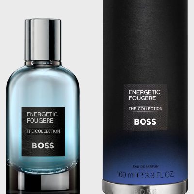 A 100ml bottle of Hugo Boss BOSS The Collection Energetic Fougère EDP Spray, featuring a blue gradient design, silver cap, and cylindrical box.