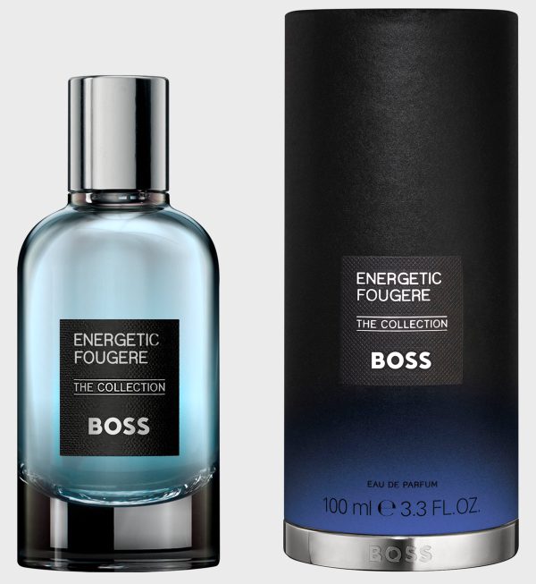 A 100ml bottle of Hugo Boss BOSS The Collection Energetic Fougère EDP Spray, featuring a blue gradient design, silver cap, and cylindrical box.