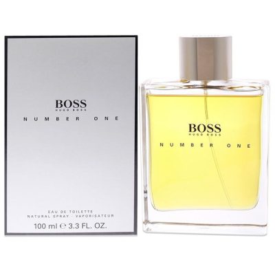 A 100ml bottle of Hugo Boss Boss Number One EDT Spray for Men is displayed beside its silver and black box.