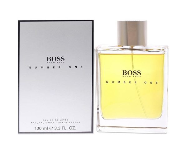 A 100ml bottle of Hugo Boss Boss Number One EDT Spray for Men is displayed beside its silver and black box.
