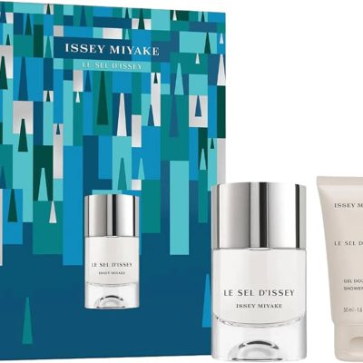 The Issey Miyake Le Sel D'Issey Gift Set for Men includes a perfume bottle and shower gel tube in a blue geometric box.