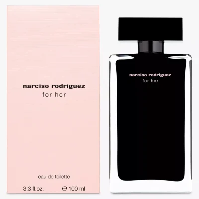 A 100ml bottle of Narciso Rodriguez for Her Eau De Toilette for Women is displayed beside its pink box featuring black text.