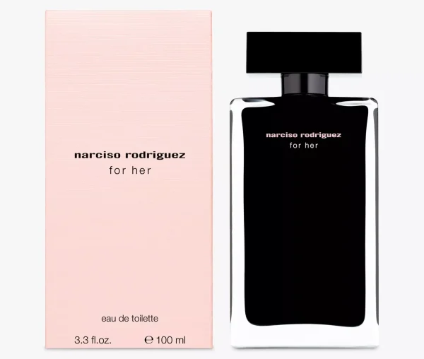 A 100ml bottle of Narciso Rodriguez for Her Eau De Toilette for Women is displayed beside its pink box featuring black text.