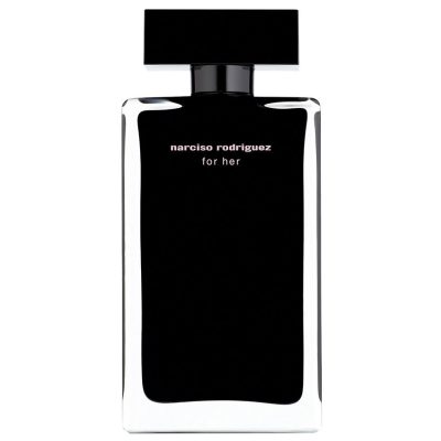 A rectangular black bottle labeled "Narciso Rodriguez for Her Eau De Toilette for Women, 100ml" with white text near the top.