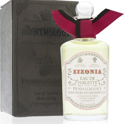 A 100ml bottle of Penhaligon's Anthology Zizonia EDT Spray for Women, adorned with a bow on the neck, is displayed in front of its black box packaging.