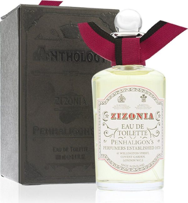 A 100ml bottle of Penhaligon's Anthology Zizonia EDT Spray for Women, adorned with a bow on the neck, is displayed in front of its black box packaging.