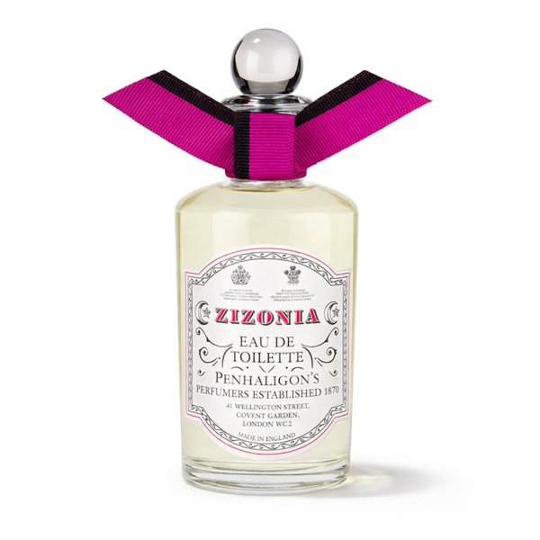 Penhaligon's Anthology Zizonia EDT Spray for Women, 100ml, comes in a clear glass bottle with a round stopper and is adorned with a decorative black and magenta bow.