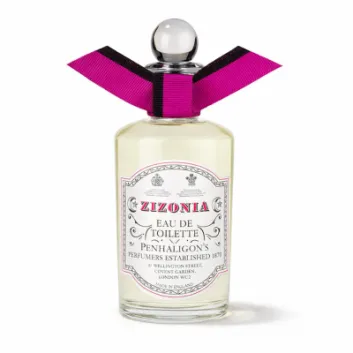 Penhaligon's Anthology Zizonia EDT Spray for Women, 100ml, comes in a clear glass bottle with a round stopper and is adorned with a decorative black and magenta bow.