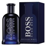 Dark blue glass bottle of Hugo Boss Boss Bottled Night EDT Spray for Men, 200ml and its matching rectangular box.