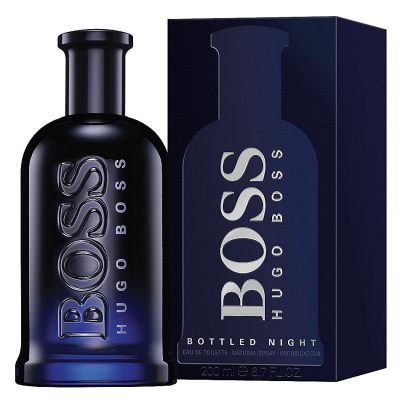 Dark blue glass bottle of Hugo Boss Boss Bottled Night EDT Spray for Men, 200ml and its matching rectangular box.