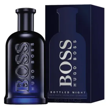 Dark blue glass bottle of Hugo Boss Boss Bottled Night EDT Spray for Men, 200ml and its matching rectangular box.