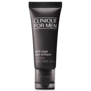Three black tubes of Clinique for Men Age Defense for Eyes 15ml, with white text on the front, stand upright against a white background.