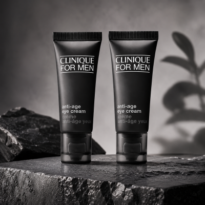 Three tubes of Clinique for Men Age Defense For Eyes 15ml are displayed upright on a dark stone surface with a gray, softly lit background.