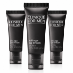 Three tubes of Clinique Clinique for Men Age Defense For Eyes 15ml are standing upright on a white background.