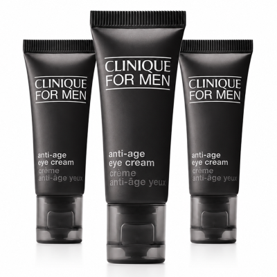 Three tubes of Clinique Clinique for Men Age Defense For Eyes 15ml are standing upright on a white background.