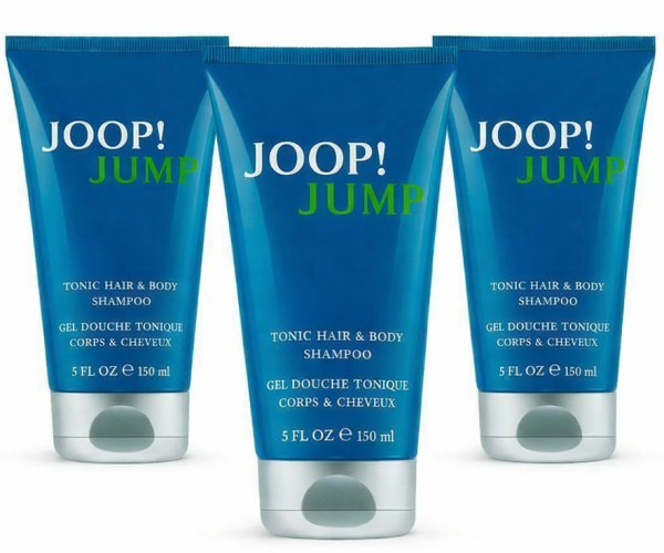 Three upright tubes of Joop Jump Shower Gel Body Wash for Men (3x150ml) are displayed against a white background.