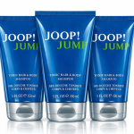 Three bottles of Joop Jump Shower Gel Body Wash for Men, 150ml each, are shown standing upright side by side.