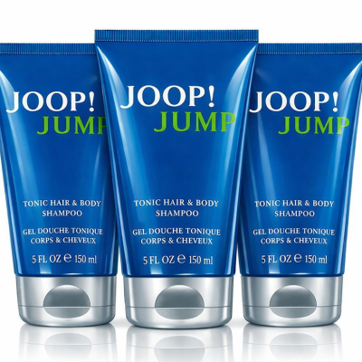 Three bottles of Joop Jump Shower Gel Body Wash for Men, 150ml each, are shown standing upright side by side.