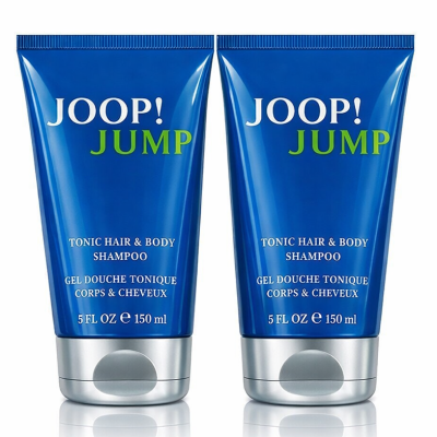 Three blue 150ml tubes of Joop Jump Shower Gel Body Wash for Men are shown standing upright side by side against a white background.