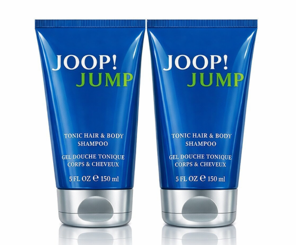 Three blue 150ml tubes of Joop Jump Shower Gel Body Wash for Men are shown standing upright side by side against a white background.