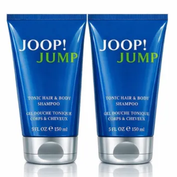Three blue 150ml tubes of Joop Jump Shower Gel Body Wash for Men are shown standing upright side by side against a white background.