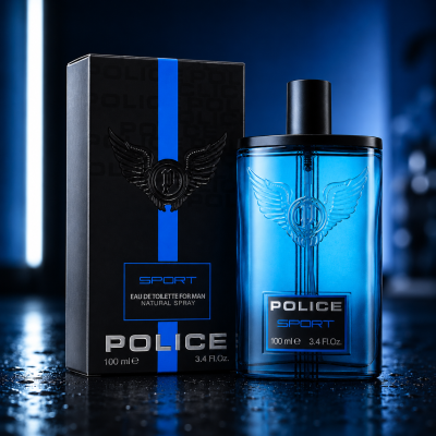 A 100ml bottle and box of Police Sport EDT for Men, featuring a blue and black design with winged logo, are showcased on a reflective surface.