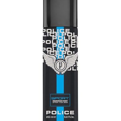A pack of 2 Police Sport Deodorant Body Sprays for men, each in a 200ml black can with a blue vertical stripe and winged logo on the front.