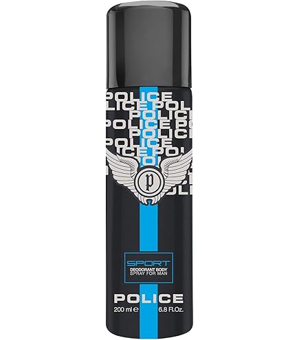 A pack of 2 Police Sport Deodorant Body Sprays for men, each in a 200ml black can with a blue vertical stripe and winged logo on the front.