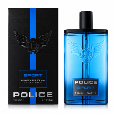 Police Sport EDT for Men, 100ml, is displayed beside its black and blue box featuring embossed wings and branding.