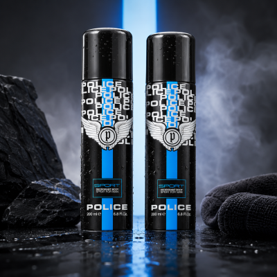 Two bottles of 2x Police Sport Deodorant Body Spray 200ml stand side by side on a wet surface, accented by blue light and mist, with towels and a stone in the background.