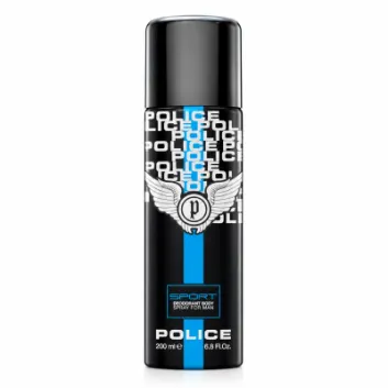 A pack of 2 Police Sport Deodorant Body Spray cans (200ml each) featuring a black design with blue accents and a winged logo on the front.