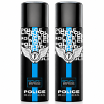 2x Police Sport Deodorant Body Spray 200ml each, featuring black caps and blue, white, and black labels with the Police logo and branding.