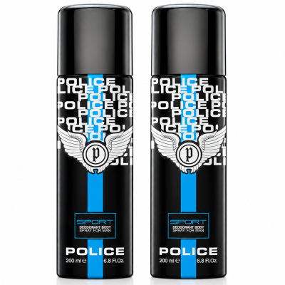 2x Police Sport Deodorant Body Spray 200ml each, featuring black caps and blue, white, and black labels with the Police logo and branding.