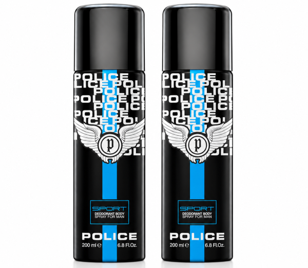 2x Police Sport Deodorant Body Spray 200ml each, featuring black caps and blue, white, and black labels with the Police logo and branding.