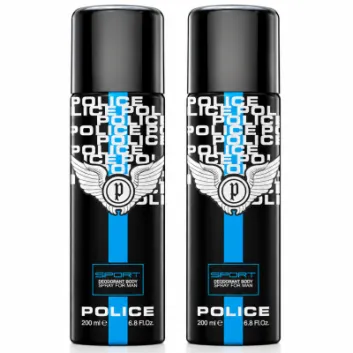 2x Police Sport Deodorant Body Spray 200ml each, featuring black caps and blue, white, and black labels with the Police logo and branding.