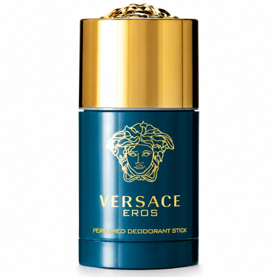 A set of two Versace Eros Deodorant Sticks for Men (75ml each) in teal and gold, featuring the Medusa logo on a plain white background.