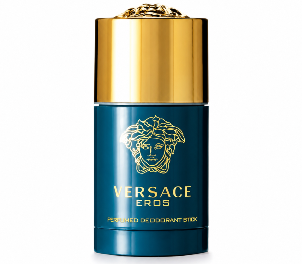 A set of two Versace Eros Deodorant Sticks for Men (75ml each) in teal and gold, featuring the Medusa logo on a plain white background.