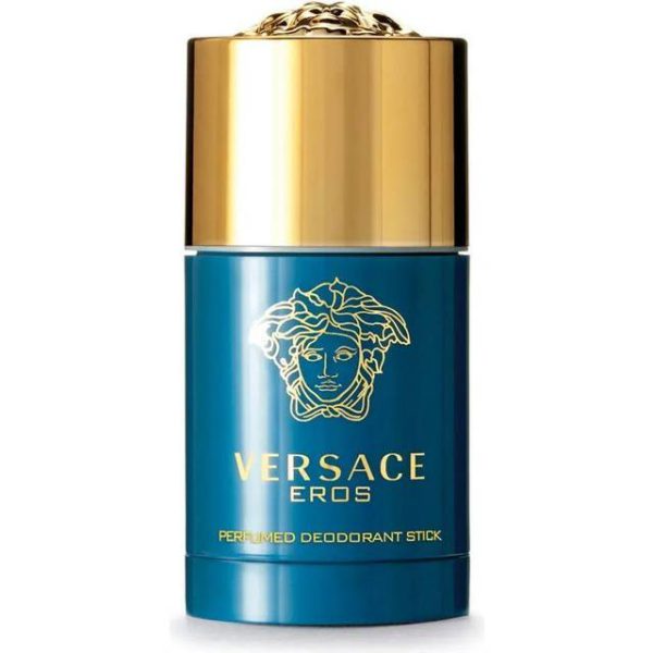 A set of two Versace Eros Deodorant Sticks for Men, 75ml each, featuring a blue and gold design with the Medusa head logo on the front.