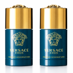 2x Versace Eros Deodorant Stick for Men, 75ml each, with gold caps and teal blue bodies featuring the Medusa logo and gold text, shown on a white background.