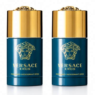 2x Versace Eros Deodorant Stick for Men, 75ml each, with gold caps and teal blue bodies featuring the Medusa logo and gold text, shown on a white background.