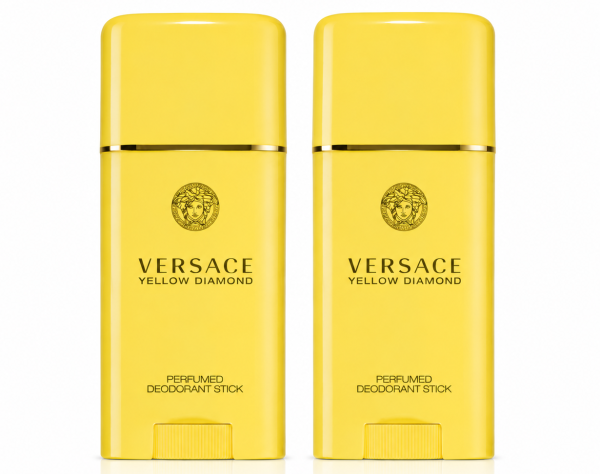 Two Versace Yellow Diamond Deodorant Sticks for Women (50ml each) are placed side by side against a white background.