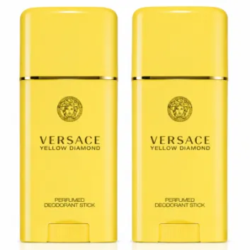 Two Versace Yellow Diamond Deodorant Sticks for Women (50ml each) are placed side by side against a white background.