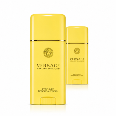Two Versace Yellow Diamond Deodorant Sticks for Women, 50ml each, are shown against a white background.