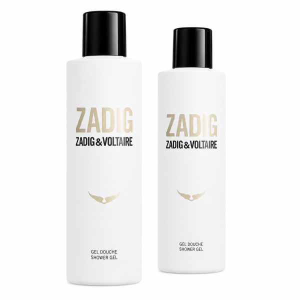 Two bottles of Zadig & Voltaire Zadig Shower Gel for Her, 200ml each, with white minimalist design and black caps are displayed on a plain white background.