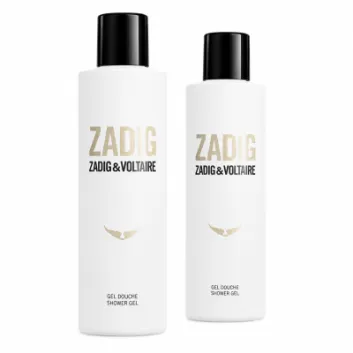 Two bottles of Zadig & Voltaire Zadig Shower Gel for Her, 200ml each, with white minimalist design and black caps are displayed on a plain white background.