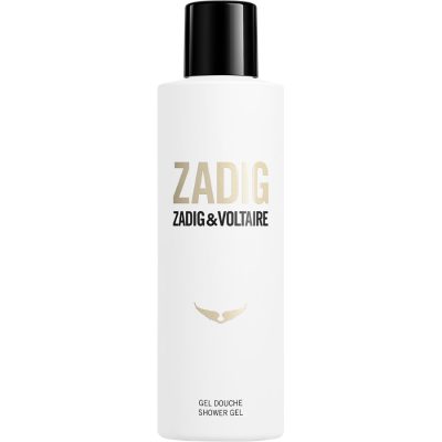 Two white bottles of Zadig & Voltaire Zadig Shower Gel for Her, 200ml each, with black caps and minimalist gold and black text on the front.