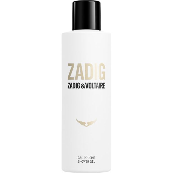 Two white bottles of Zadig & Voltaire Zadig Shower Gel for Her, 200ml each, with black caps and minimalist gold and black text on the front.